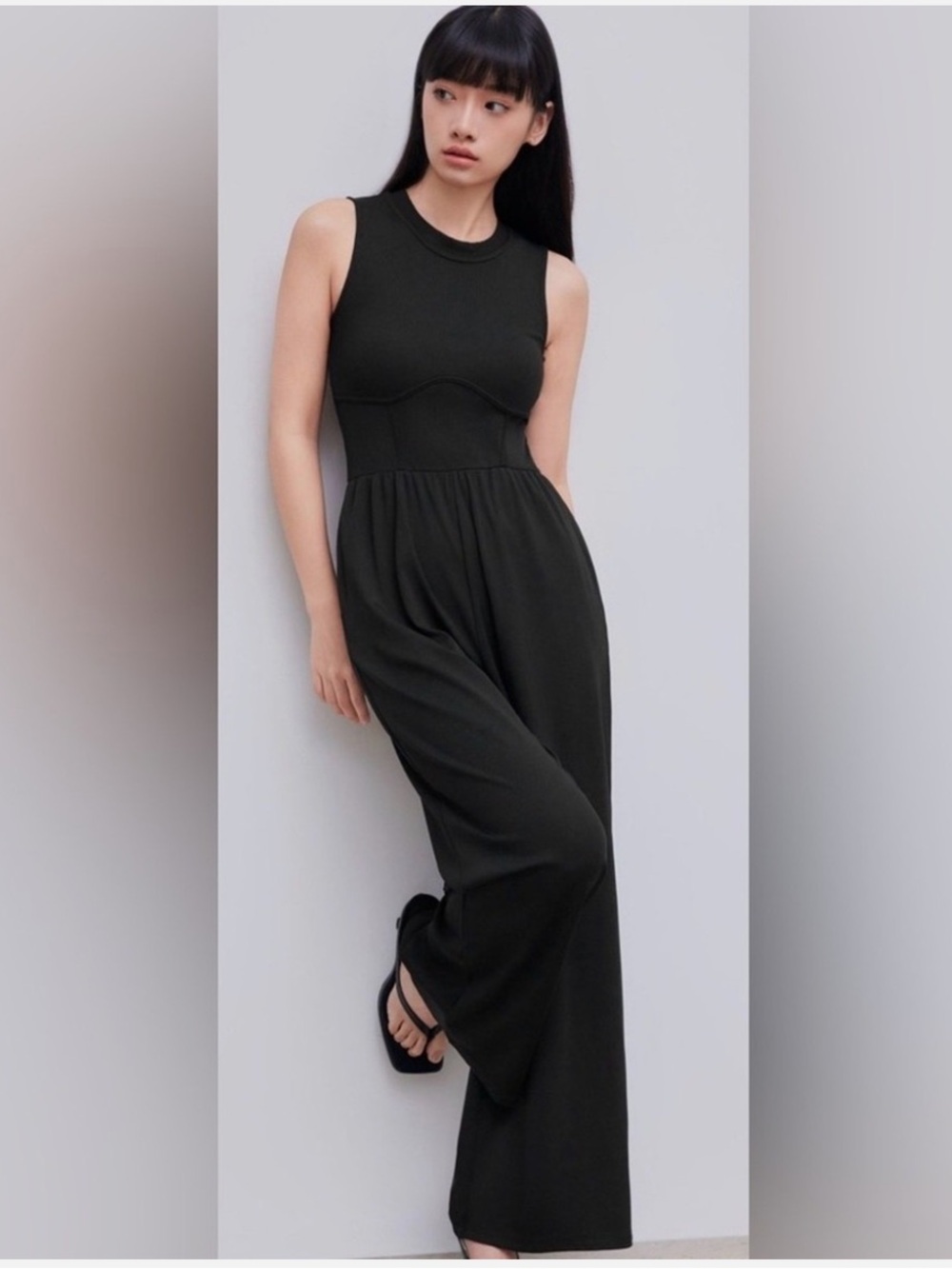 Cider Bodycon Jumpsuit Womens XL Black Wide Leg Ribbed Knit Sleeveless Stretch
